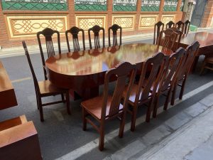 Bàn ăn bầu dục gỗ hương đá nam phi đóng hộp gồm 10 ghế